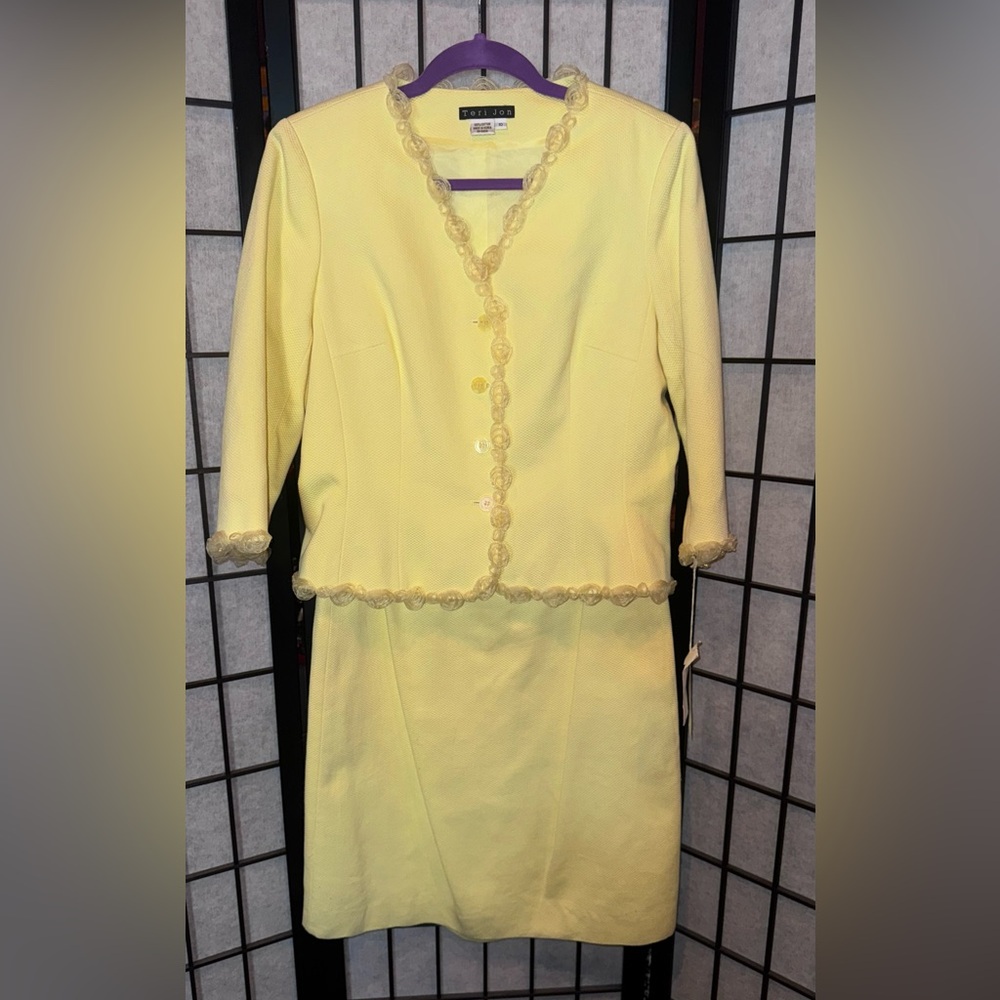 Teri Jon Yellow Lace-Accented Suit